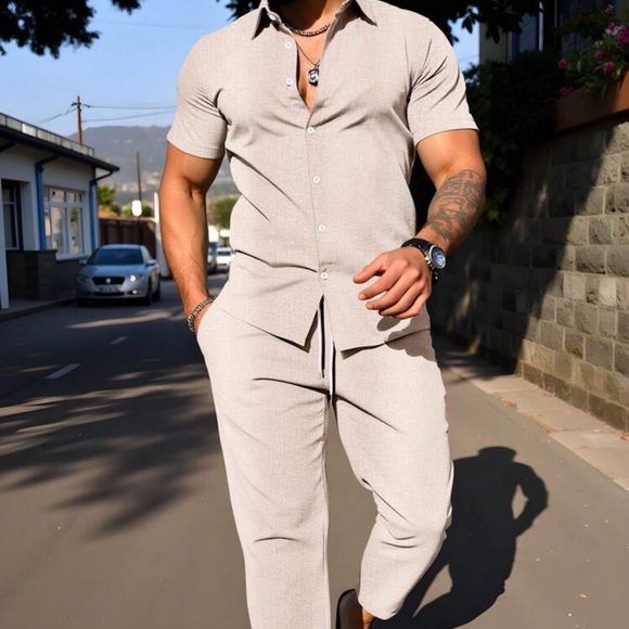 Manfinity Men's Short Sleeve Shirt And Pants Casual Commuter Suit